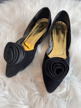 Beverly Feldman “Countess” Black Suede Slip Ons with Rosette Accent size 9